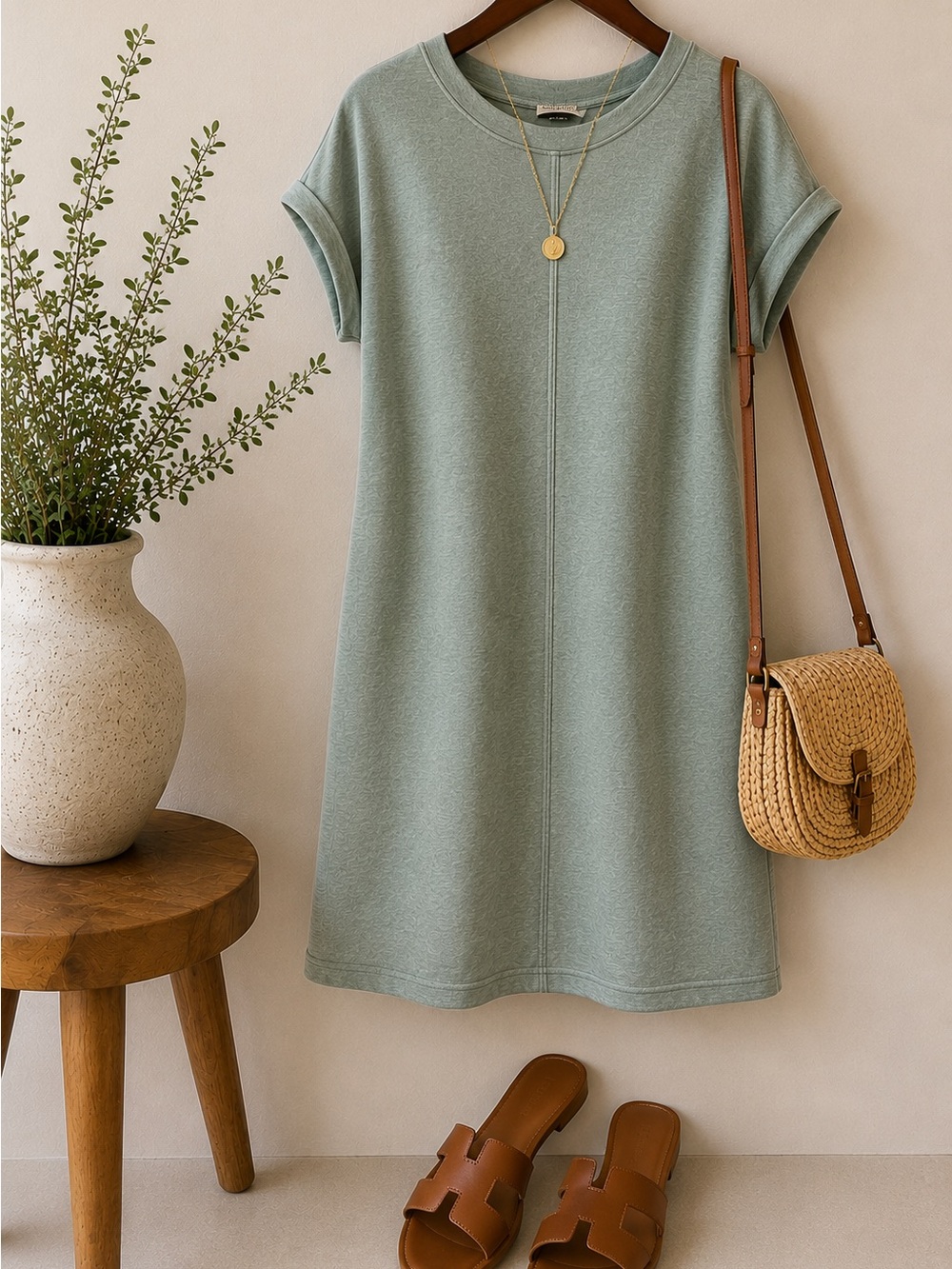 Calvin Klein | Seafoam Green-Blue Knit Rolled Sleeve Dress | Medium
